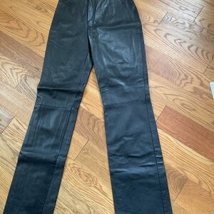 Women's Black Straight Leg Leather Pants, high waist, slim fit.